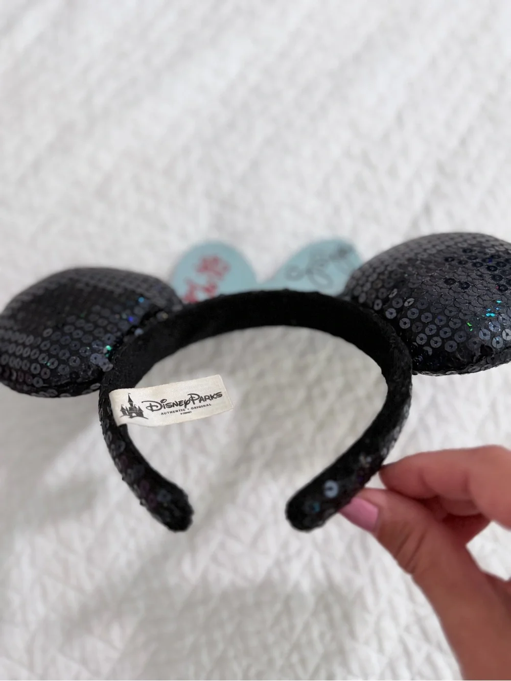 Disney Parks Black Sequin Minnie Ears Blue Jeweled Bow Headband Signed
